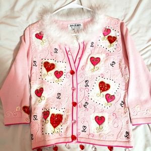 Jack B Quick Valentine Sweater, pink with hearts and fur around the neck